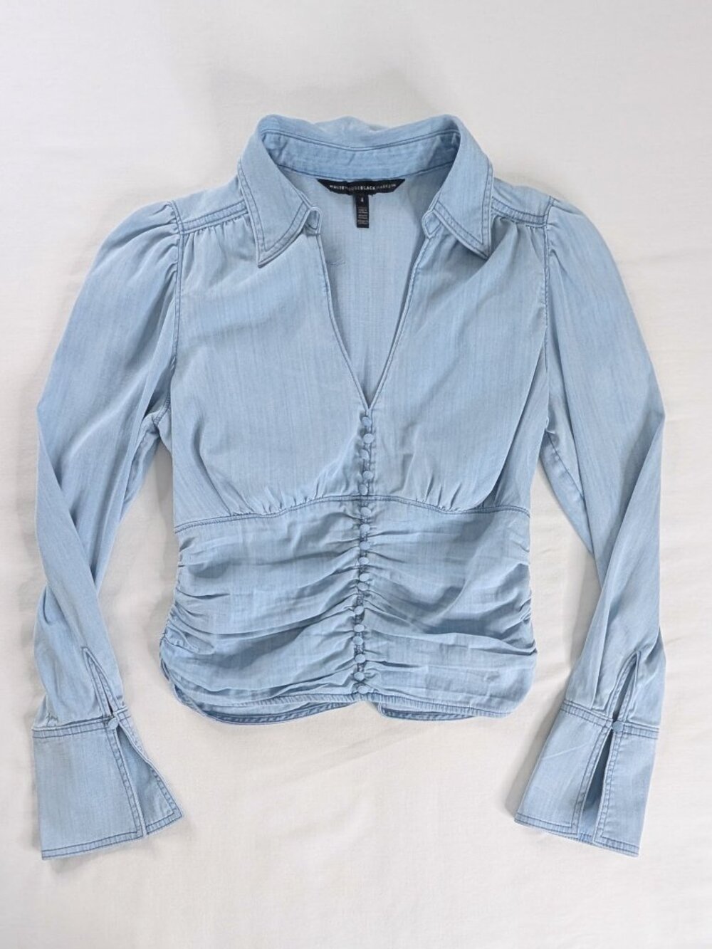 WHBM Light Blue Denin Ruched Front V Neck Bell Sleeve Long Sleeve Top